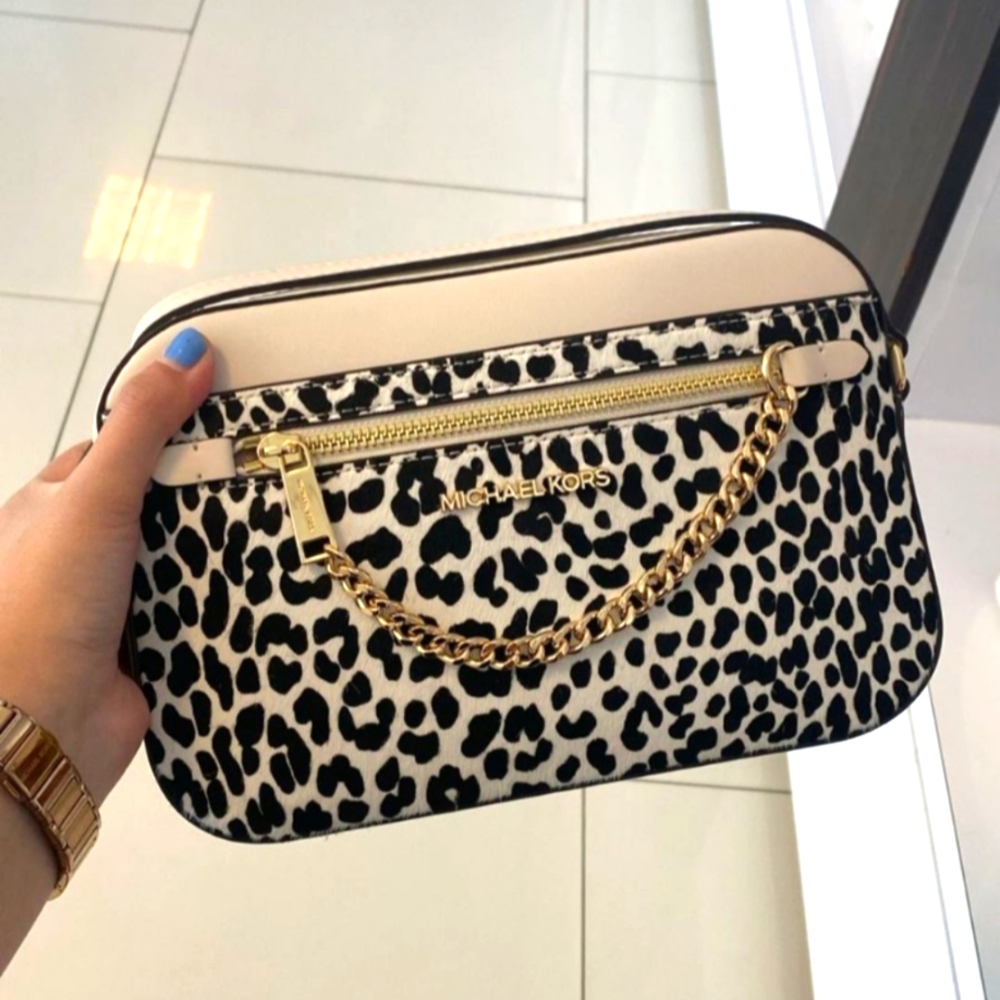 NWT Michael Kors Jet Set Large Leopard-Print Calf Hair Crossbody Bag